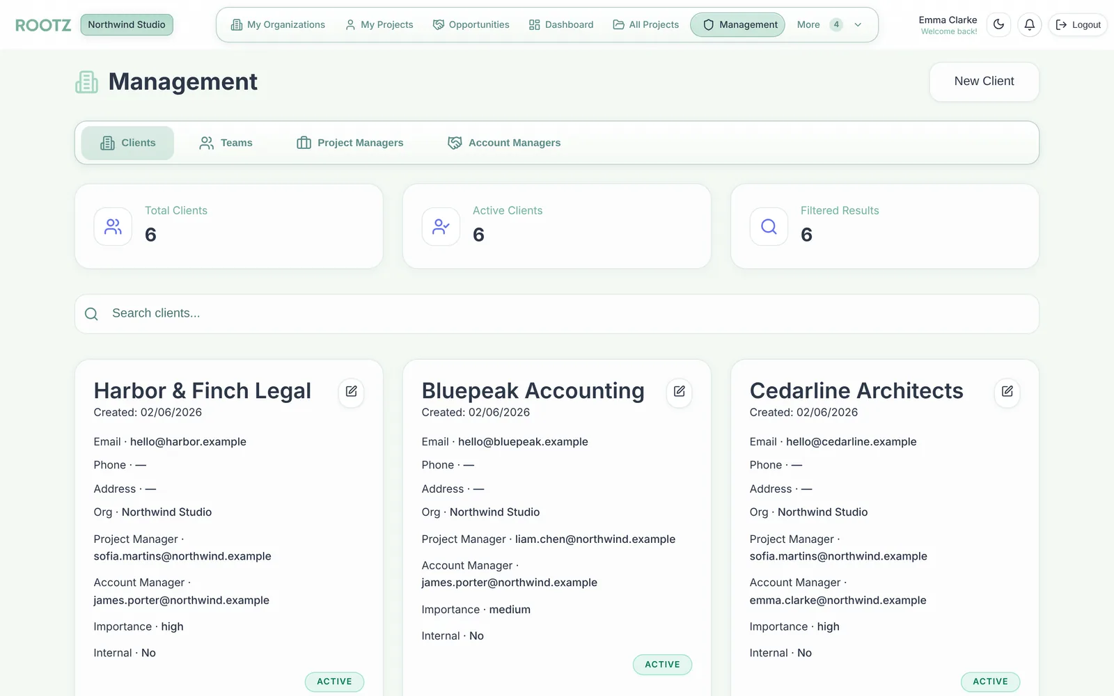 Client list with project manager, account manager and importance for each client