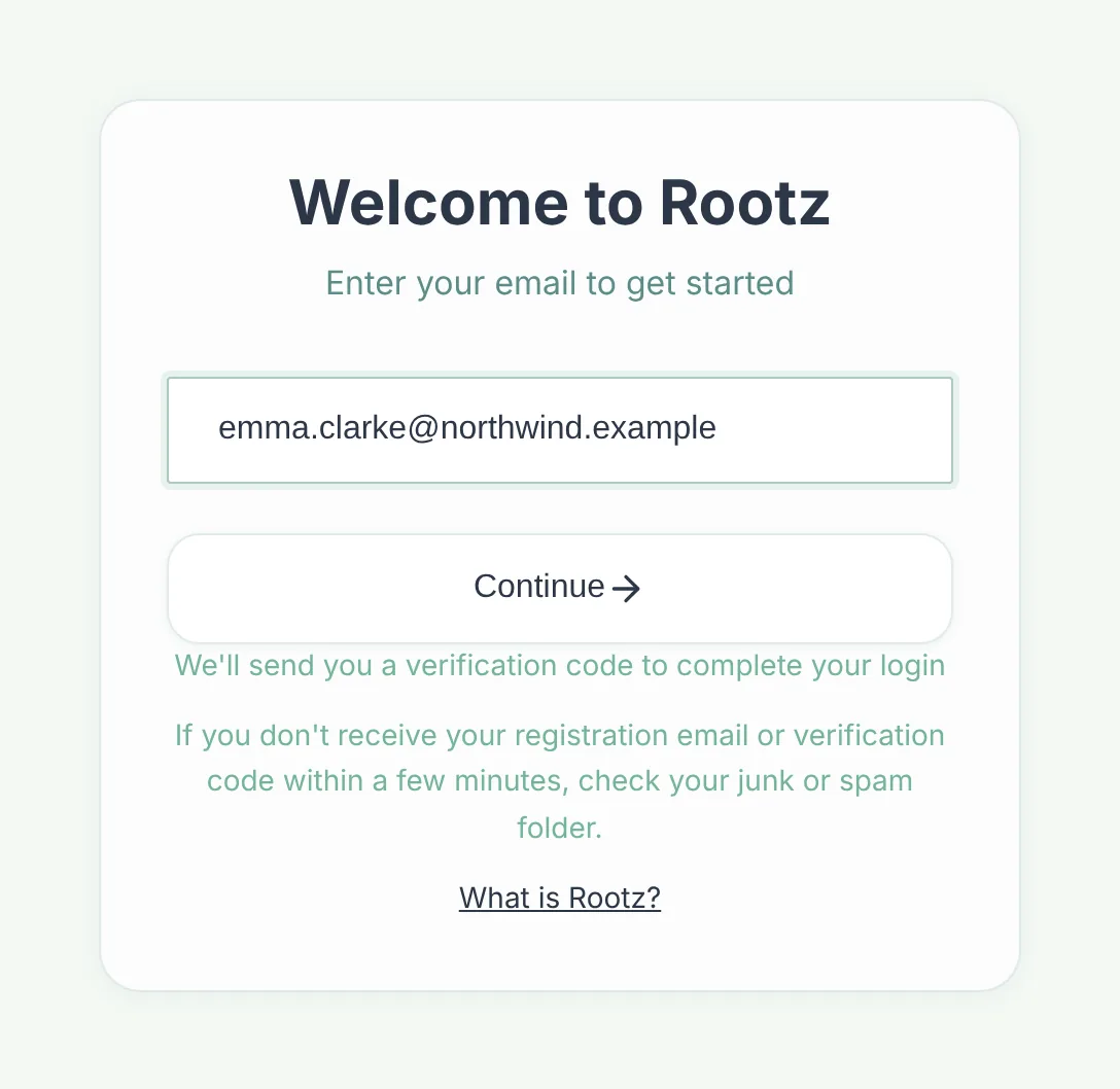 Rootz sign-in: enter your email and get a one-time login code