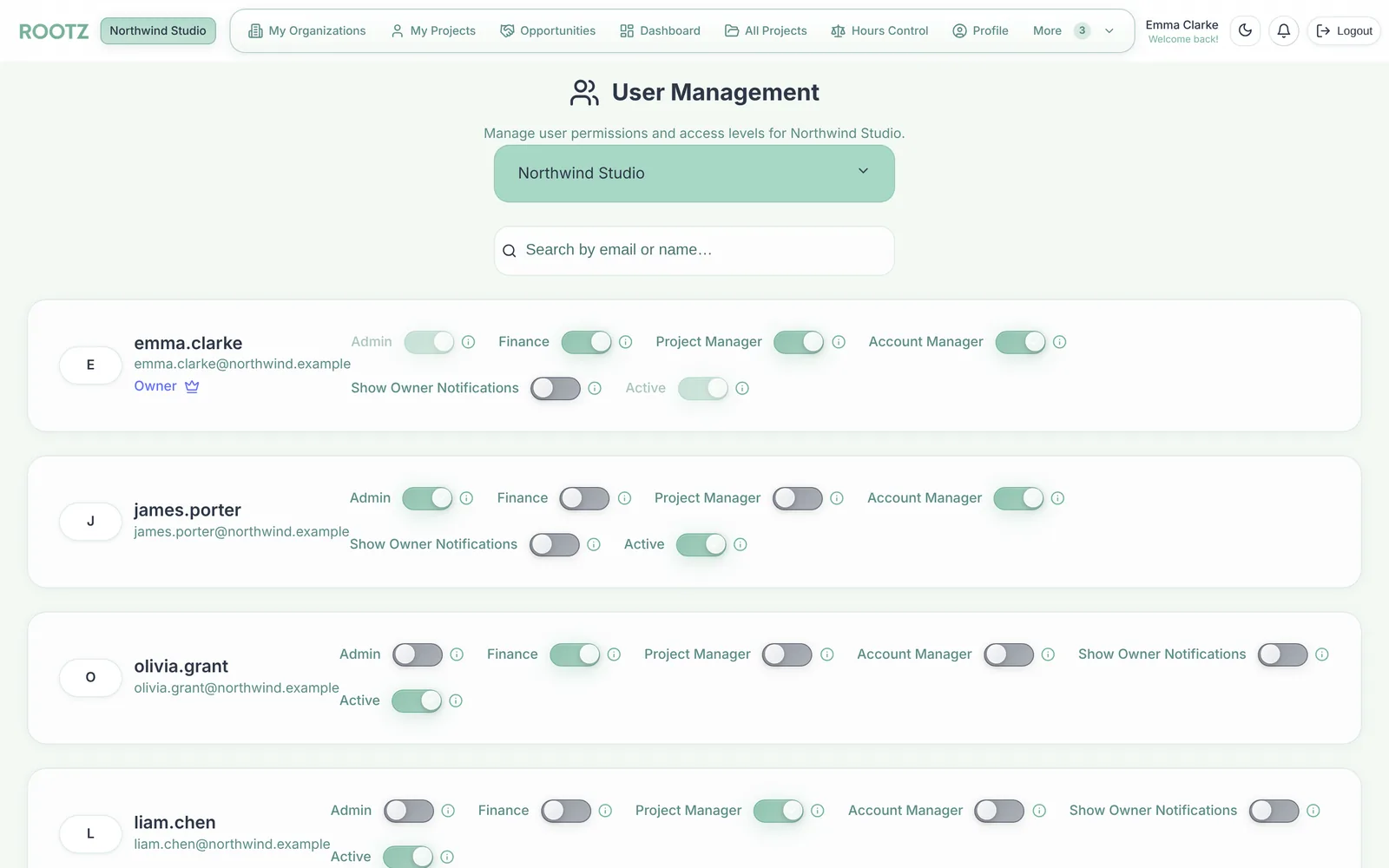 User management with Admin, Finance, Project Manager and Account Manager roles per person