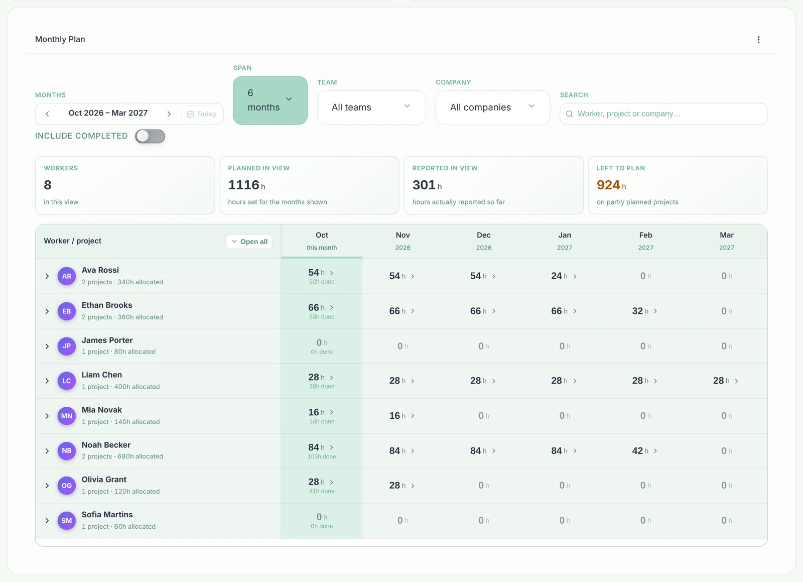 Monthly plan widget: planned versus reported hours per person for the next six months